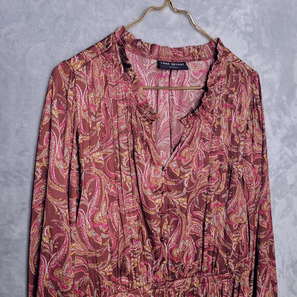 LANE BRYANT Brown Paisley Midi Dress Size 18 Long Sleeve Ruffle Neck Silky Boho - Picture 6 of 12